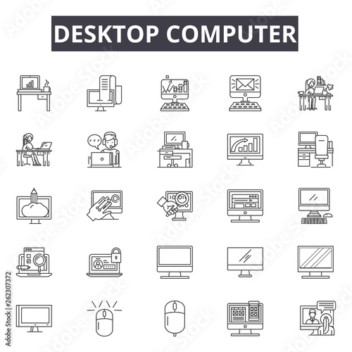 Desktop computer line icons, signs set, vector. Desktop computer outline concept illustration: computer,desktop,monitor,pc,screen,technology,internet,isolated