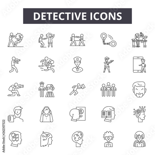 Detective line icons, signs set, vector. Detective outline concept illustration: search,detective,isolated,web,security