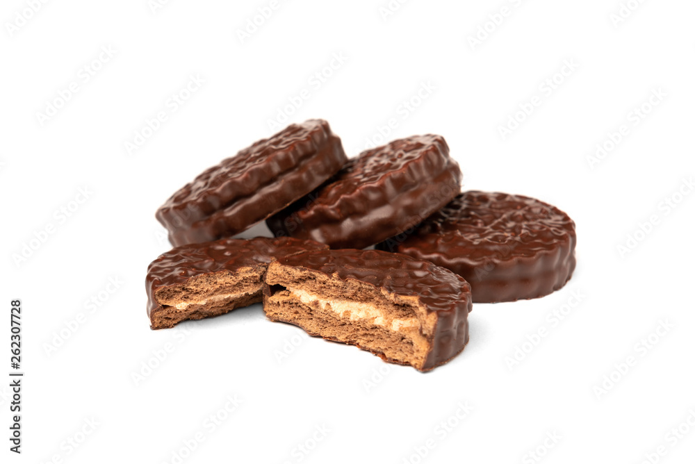Chocolate cookies with boiled condensed milk isolated on white background. Chocolate pie. Chocolate cookies with boiled condensed milk isolated on white background. Chocolate pie.