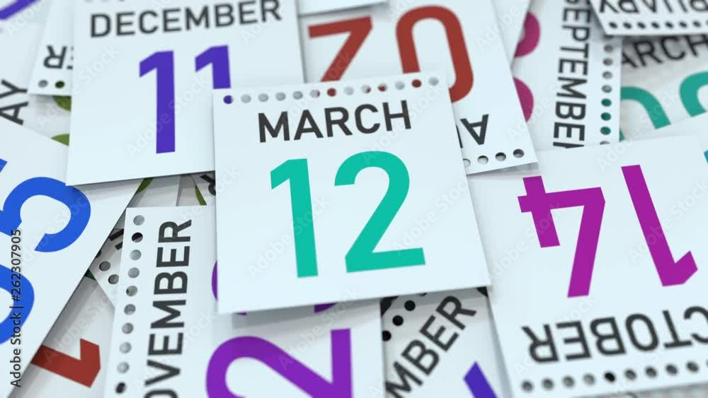 Calendar leaf with March 12 date, 3D animation Calendar leaf with March 12 date, 3D animation