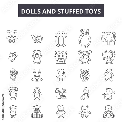 Dolls and stuffed toys line icons, signs set, vector. Dolls and stuffed toys outline concept illustration: doll,stuffed,toy,child,isolated,bear,cute,childhood,gift
