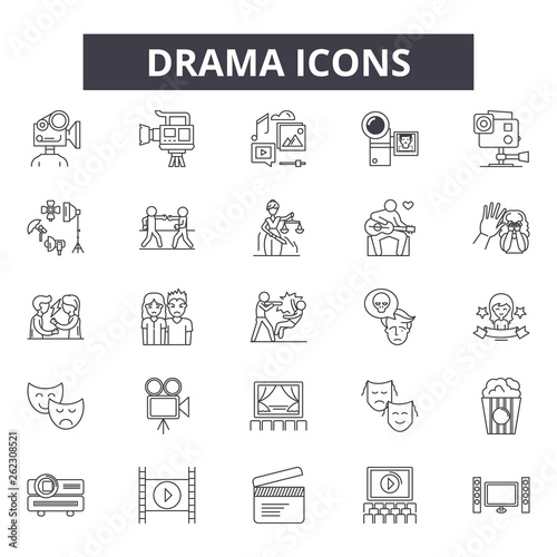 Drama line icons, signs set, vector. Drama outline concept illustration: drama,theater,play,art,mask,comedy