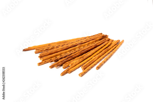 Cracker pretzel sticks isolated on white background.