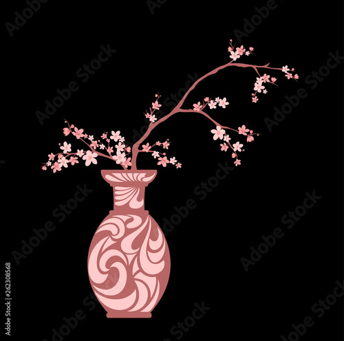 blooming sakura branches in traditional japanese vase - spring season cherry tree blossom vector design
