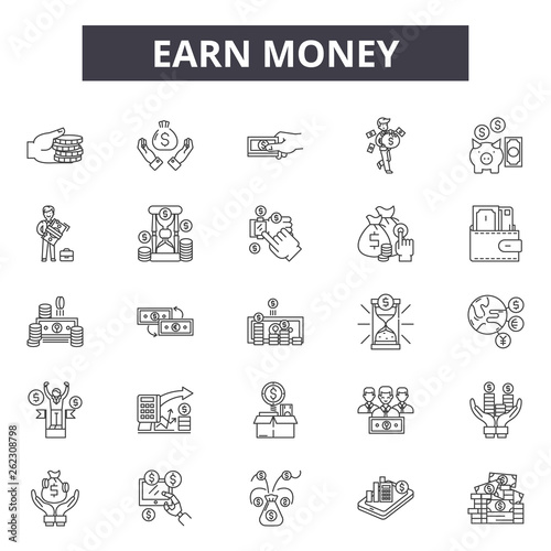 Earn money line icons, signs set, vector. Earn money outline concept illustration: money,bank,cash,business,dollar,finance,investment,banking