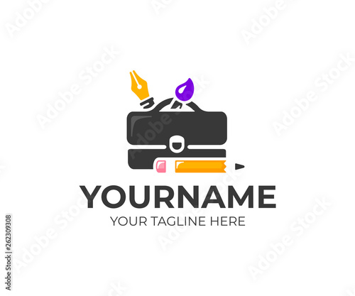 Digital artist portfolio logo design. Graphic designer workspace vector design. Man bag with graphic tools logotype