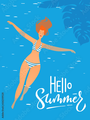 Summer poster with young woman in a swimming pool