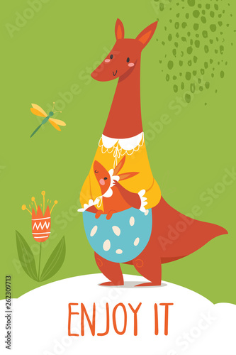 Cute vector enjoy it card with wild kangaroo and baby