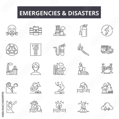 Emergincies and disasters line icons, signs set, vector. Emergincies and disasters outline concept illustration: disaster,danger,emergency,water,fire