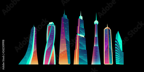 Futuristic city buildings with neon glowing set. Modern style architecture of future with illuminated towers and skyscrapers. Real estate objects design, urban cityscape. Cartoon vector illustration.