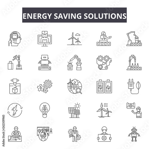 Energy saving solutions line icons, signs set, vector. Energy saving solutions outline concept illustration: energy,solution,power,innovation,idea,light,bulb,creative