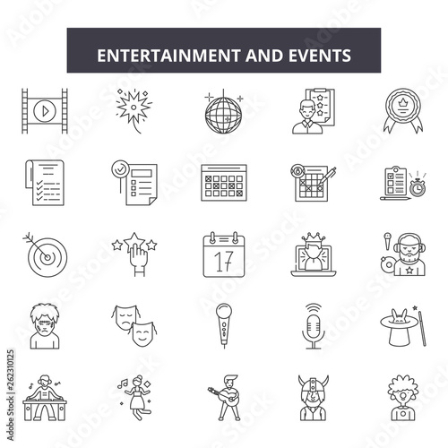 Entertaiment & events line icons, signs set, vector. Entertaiment & events outline concept illustration: decoration,isolated,party,event,music,scene,cinema