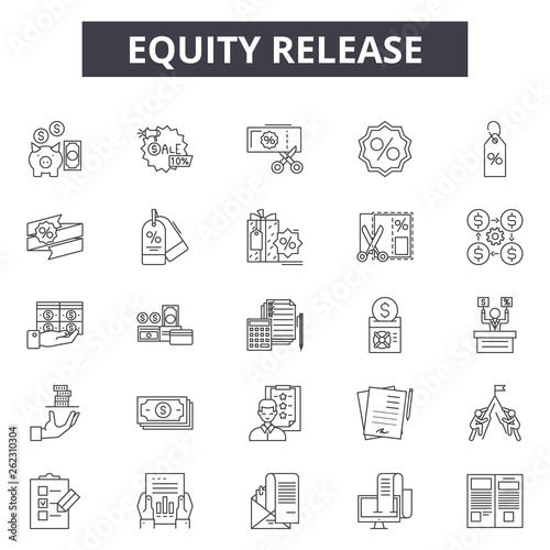Eququity release line icons, signs set, vector. Eququity release outline concept illustration: money,debt,3d credit,mortgage,loan,finance,property,financial,credit line