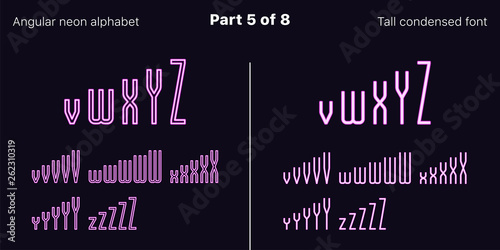 Condensed purple neon font, Angular. Vector Set