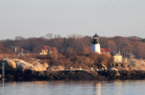Ten Pound Island Lighthouse on Ten Pound Island, Gloucester, Massachusetts, at sunset