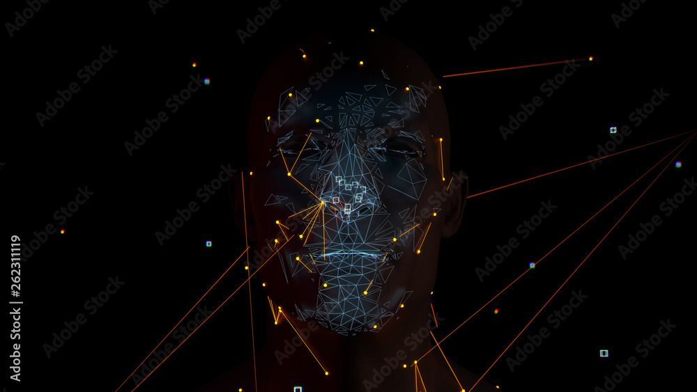 3d render of abstract face analysis. Biometric identification scan ...