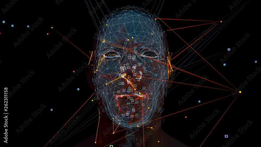 3d render of abstract face analysis. Biometric identification scan concept.  Authentication technology.