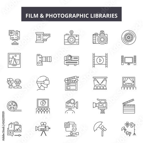 Film and photographic libraries line icons, signs set, vector. Film and photographic libraries outline concept illustration: film,camera,photography,photo,technology,web,photograph,design