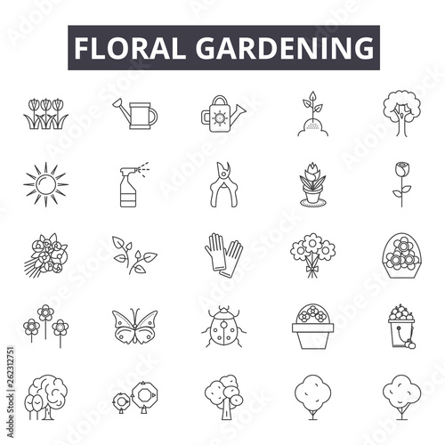 Floral gardening line icons, signs set, vector. Floral gardening outline concept illustration: floral,garden,nature,flower,gardening,plant,shovel,fence