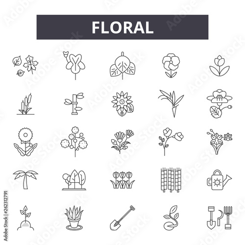 Floral line icons, signs set, vector. Floral outline concept illustration: flower,floral,deplant,nature,element