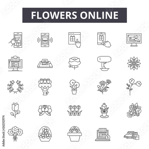 Flowers online line icons, signs set, vector. Flowers online outline concept illustration: oninternet,concept,business,flower,web