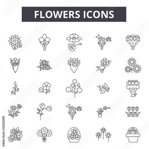 Flowers line icons, signs set, vector. Flowers outline concept illustration: flower,nature,spring,blossom,floral,summer,isolated,plant