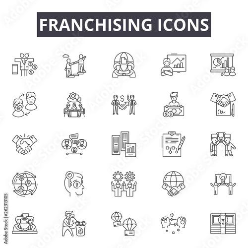 Franchising line icons, signs set, vector. Franchising outline concept illustration: franchise,business,global,retail,shop,store,license