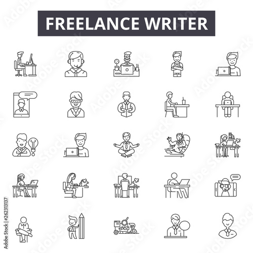 Freelance writer line icons, signs set, vector. Freelance writer outline concept illustration: writer,freelance,business,decreative,flat,computer