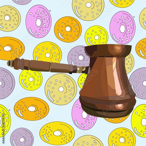 a coffe cezve realistic vector art on a colored donuts background