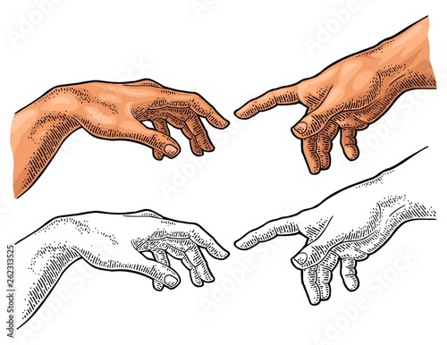 Male finger pointing touch god hand. The Creation of Adam.