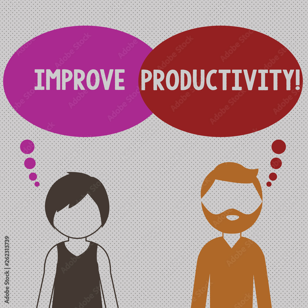 Writing note showing Improve Productivity. Business concept for Increase the amount of goods and services available Bearded Man and Woman with the Blank Colorful Thought Bubble Writing note showing Improve Productivity. Business concept for Increase the amount of goods and services available Bearded Man and Woman with the Blank Colorful Thought Bubble