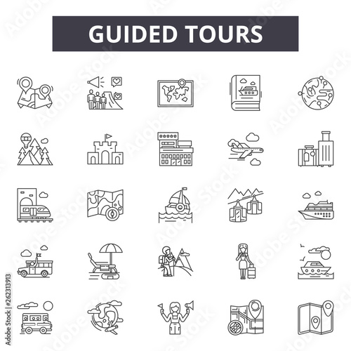 Guided tours line icons, signs set, vector. Guided tours outline concept illustration: guide,tour,travel,tourism,vacation