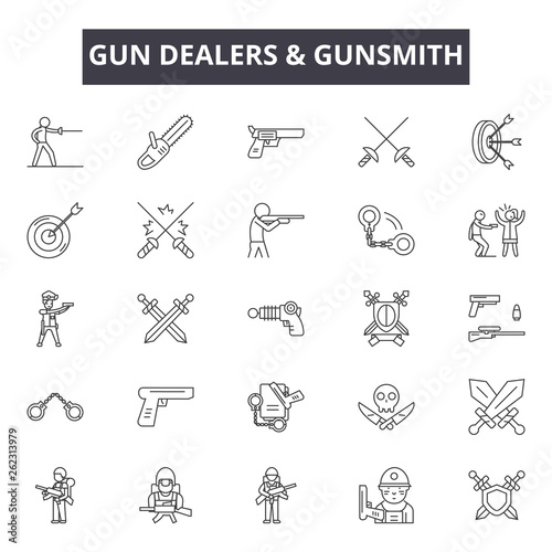 Gun dealers gunsmith line icons, signs set, vector. Gun dealers gunsmith outline concept illustration: 0,0,0,0,0,0,0,0,0,0