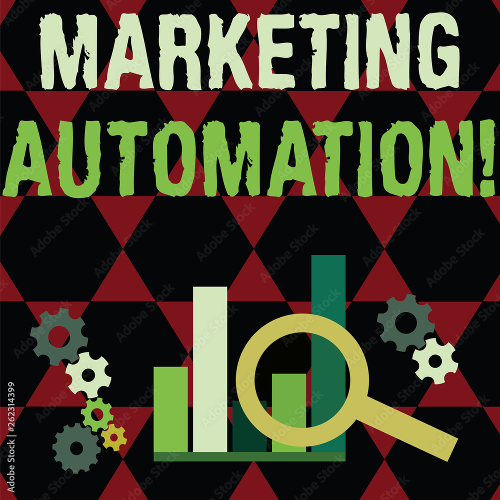 Text sign showing Marketing Automation. Business photo text Software used by company to effectively target customer Magnifying Glass Over Bar Column Chart beside Cog Wheel Gears for Analysis