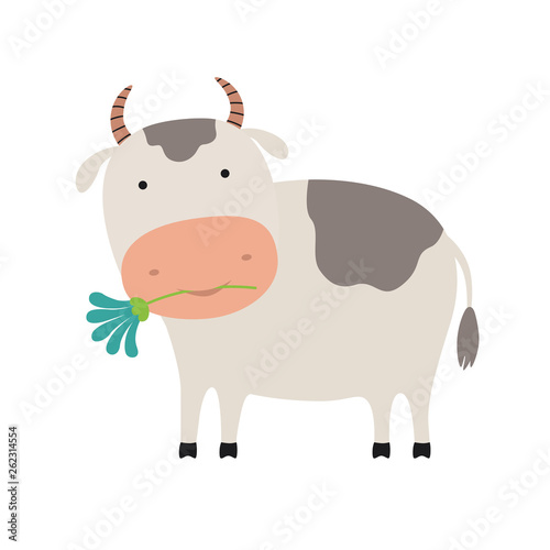 Cute cartoon cow with a flower illustration