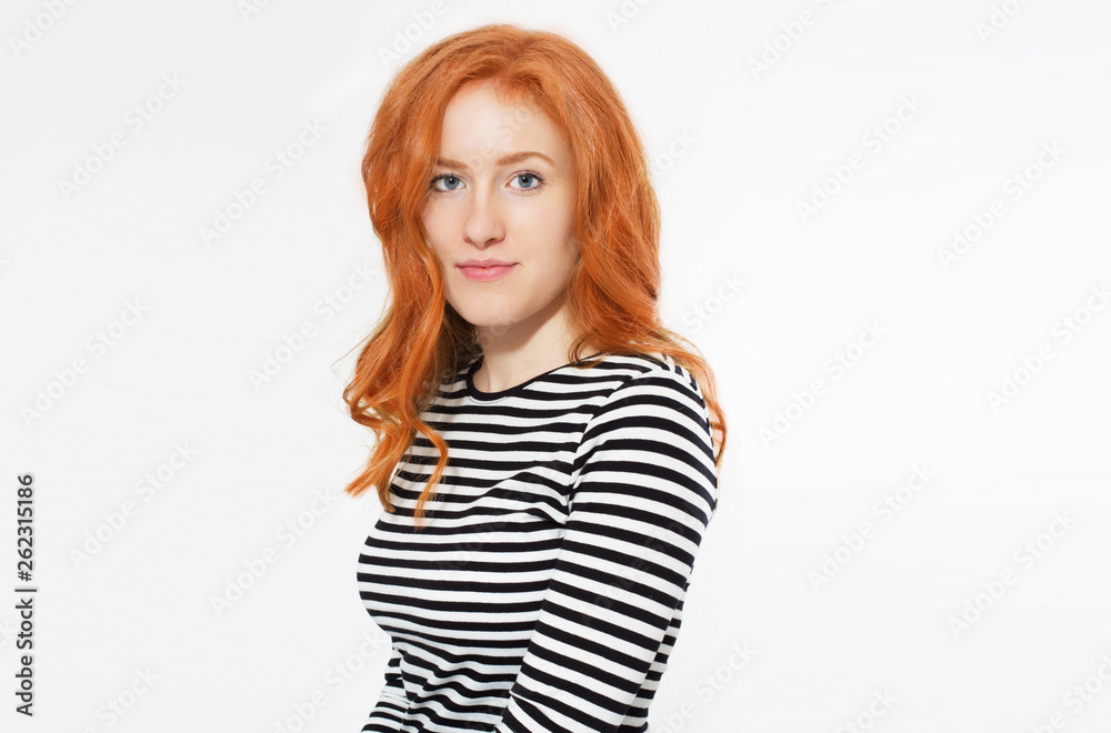 Red head woman girl with long and shiny wavy hair . Beautiful model woman with curly hairstyle . Red hair beautiful woman isolated on white background. Red head woman girl with long and shiny wavy hair . Beautiful model woman with curly hairstyle . Red hair beautiful woman isolated on white background.