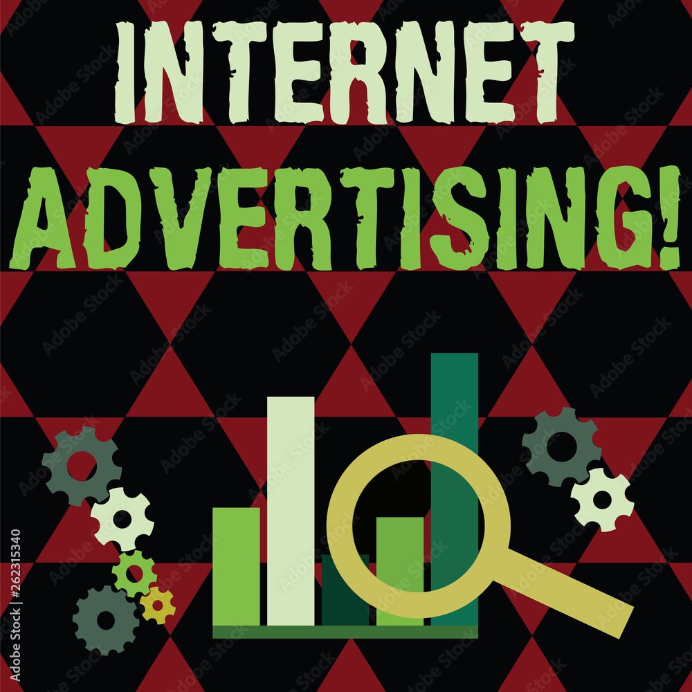Text sign showing Internet Advertising. Business photo text uses the Internet to deliver promotional marketing Magnifying Glass Over Bar Column Chart beside Cog Wheel Gears for Analysis