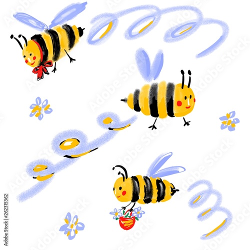 Flying bees with flowers and spiral movement. Fly curls. Funny insects cartoon characters for pattern, design, fabric, textile, kids room interior, bed linen. Spring, summer animals. Fauna characters