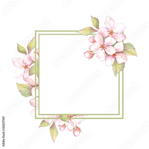Spring floral border. Sakura pink flowers frame