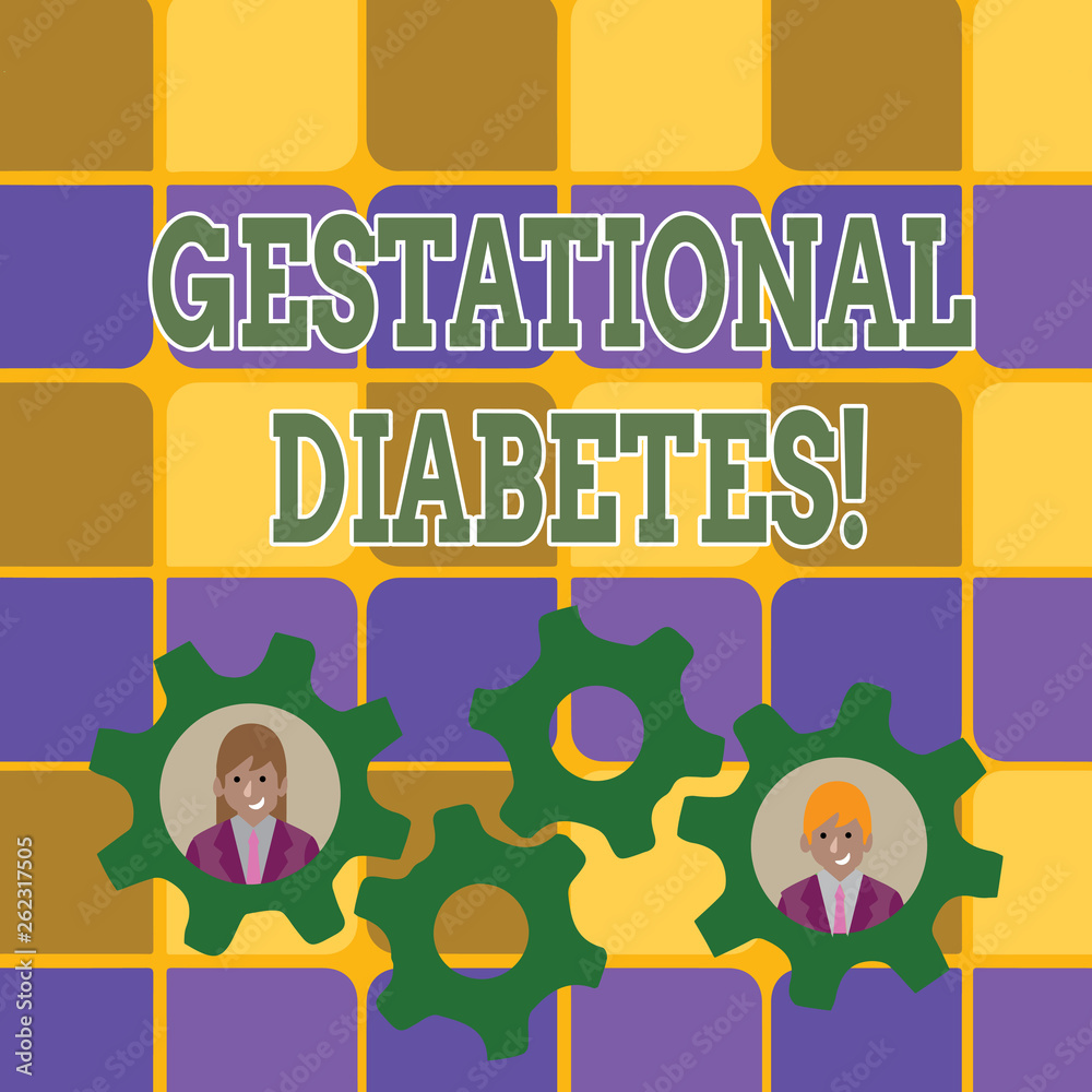 Fototapeta Word writing text Gestational Diabetes. Business photo showcasing elevated level of glucose in the blood during pregnancy Two Business People Each Inside Colorful Cog Wheel Gears for Teamwork Event