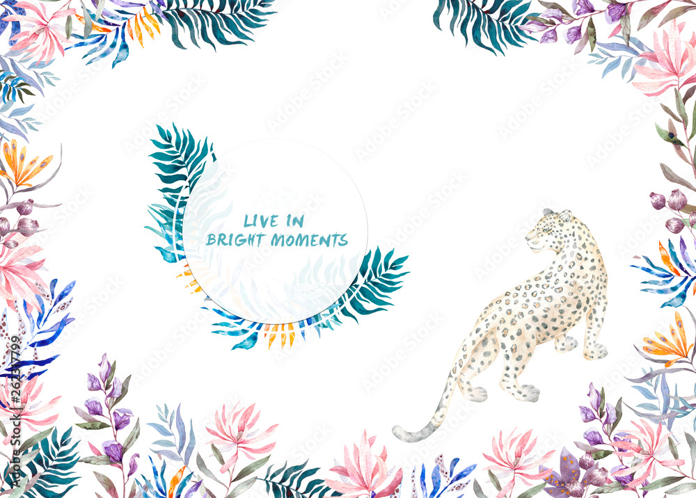 Watercolor exotic circle frame with tropical leaves, flowers and leopard for wedding, invite, birthday card, banner. Isolated illustrarion summer colors on white background.