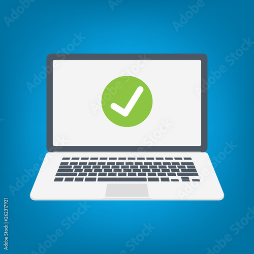 Laptop and check mark. Notebook. Successful update, accept, access granted, confirm, ok button, task completed concepts. Vector illustration 
