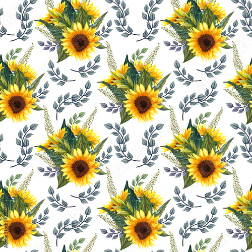 Fototapeta Naklejka Na Ścianę i Meble -  Seamless pattern with sunflowers on white background.