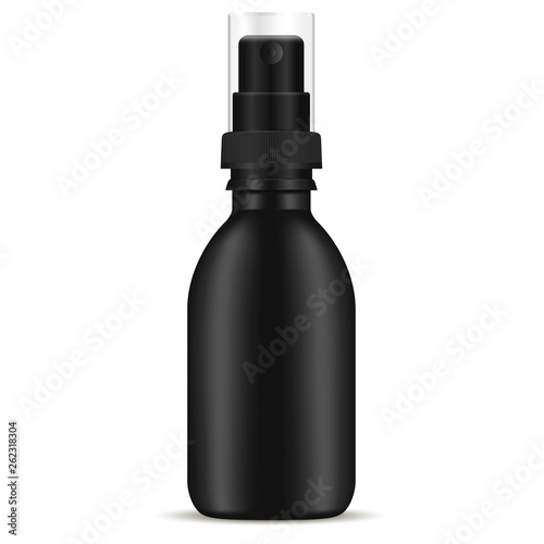 Black Spray Pump Bottle. Vector Cosmetic Container. Aerosol Dispencer Package from Barber Collection. Men Cosmetics Oil Product. Plastic Sprayer Mockup Concept for Medical Essential. 3d Design.