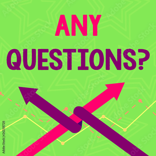 Text sign showing Any Questions Question. Business photo text you say write order to ask demonstrating about something Two Arrows where One is Intertwined to the other as Team Up or Competition