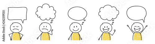 Collection of funny cartoon stickmen with empty speech bubbles. Vector