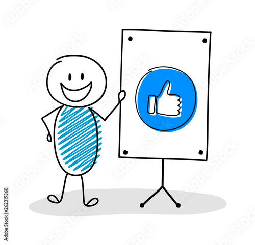 Funny hand drawn stickman with whiteboard and thumb - like icon. Vector