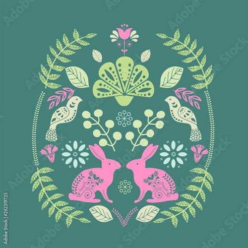 Scandinavian folk art pattern with birds and flowers