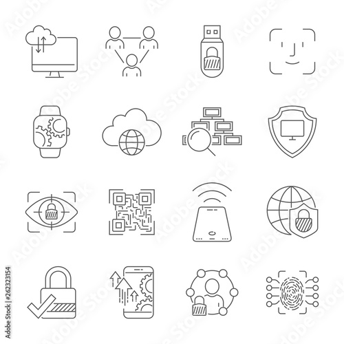 Cyber technology, networks, protection, connection. Vector icons set. Technologies of digital space. Editable Stroke. EPS 10