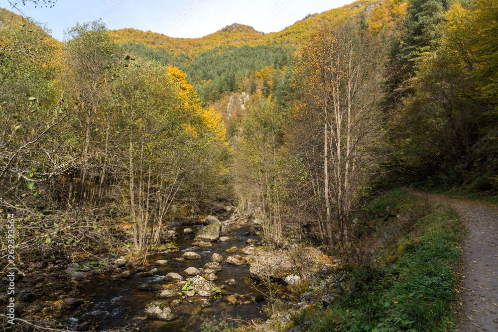 Autumn view of Ecotrail Struilitsa and Devin River gorge, Rhodope Mountains, Bulgaria Autumn view of Ecotrail Struilitsa and Devin River gorge, Rhodope Mountains, Bulgaria